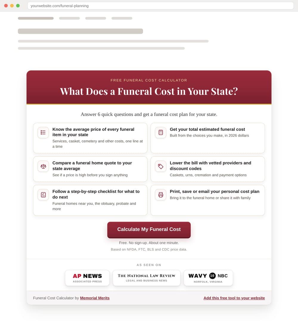 Free funeral cost calculator on a website, burgundy color, with an As Seen On row for AP News, The National Law Review and WAVY NBC 10, from Memorial Merits