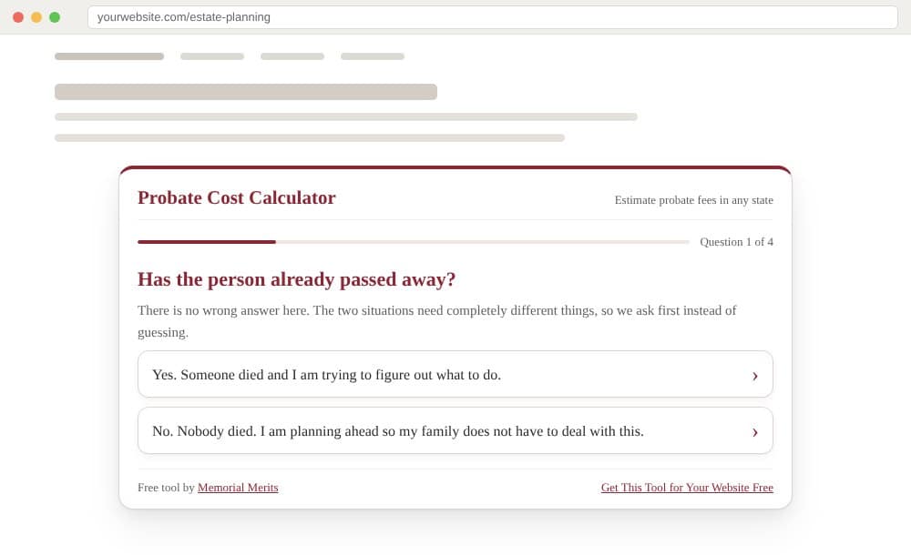 Free probate cost calculator on a website, burgundy color, from Memorial Merits
