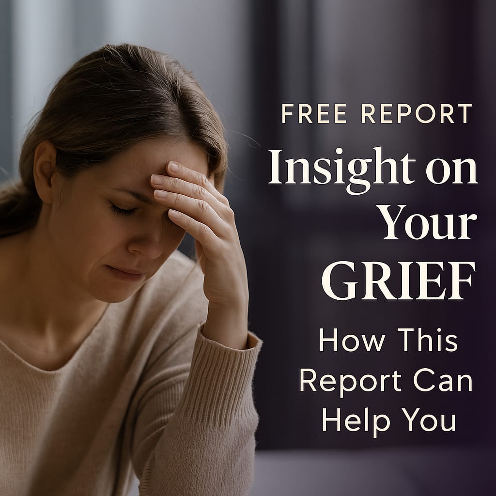 Hero image for a free grief support report, showing a printed report on a desk with tea and glasses, overlay text: Free Report Reveals What Grief Really Looks Like — And the 7 Tools That Truly Help
