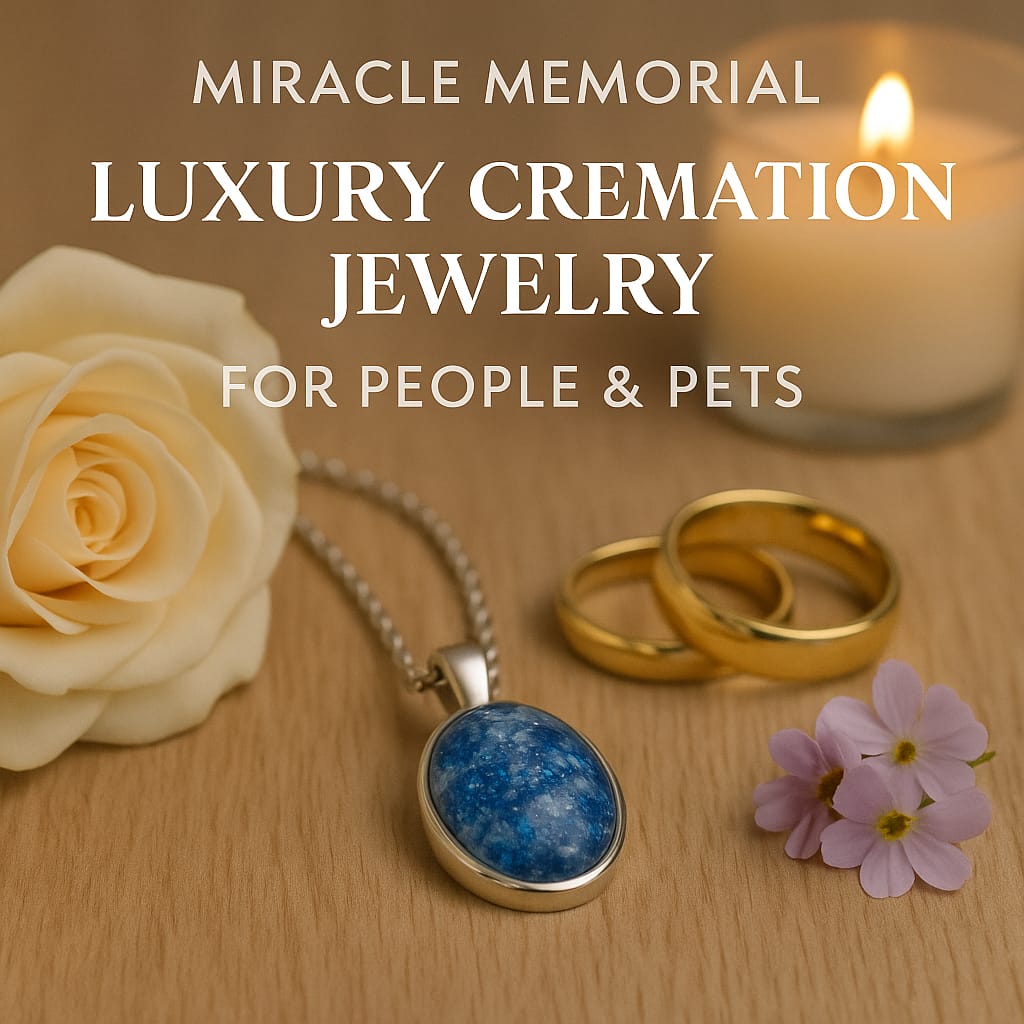 Miracle Memorial luxury cremation jewelry pendant with ashes-infused gem, displayed with wedding rings, flowers, and candlelight for remembrance
