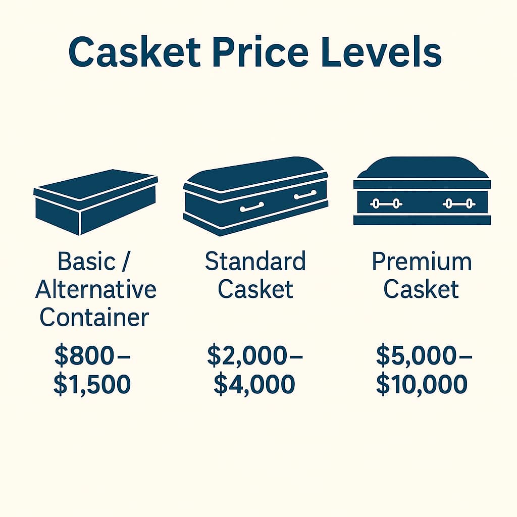 Casket pricing comparison showing basic, standard, and premium options with typical price ranges for consumer education
