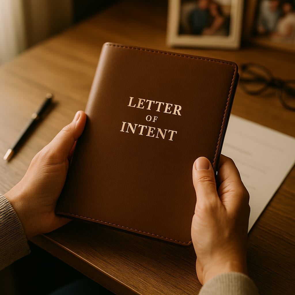 Letter of intent document for special needs planning resting on desk with family photos in background
