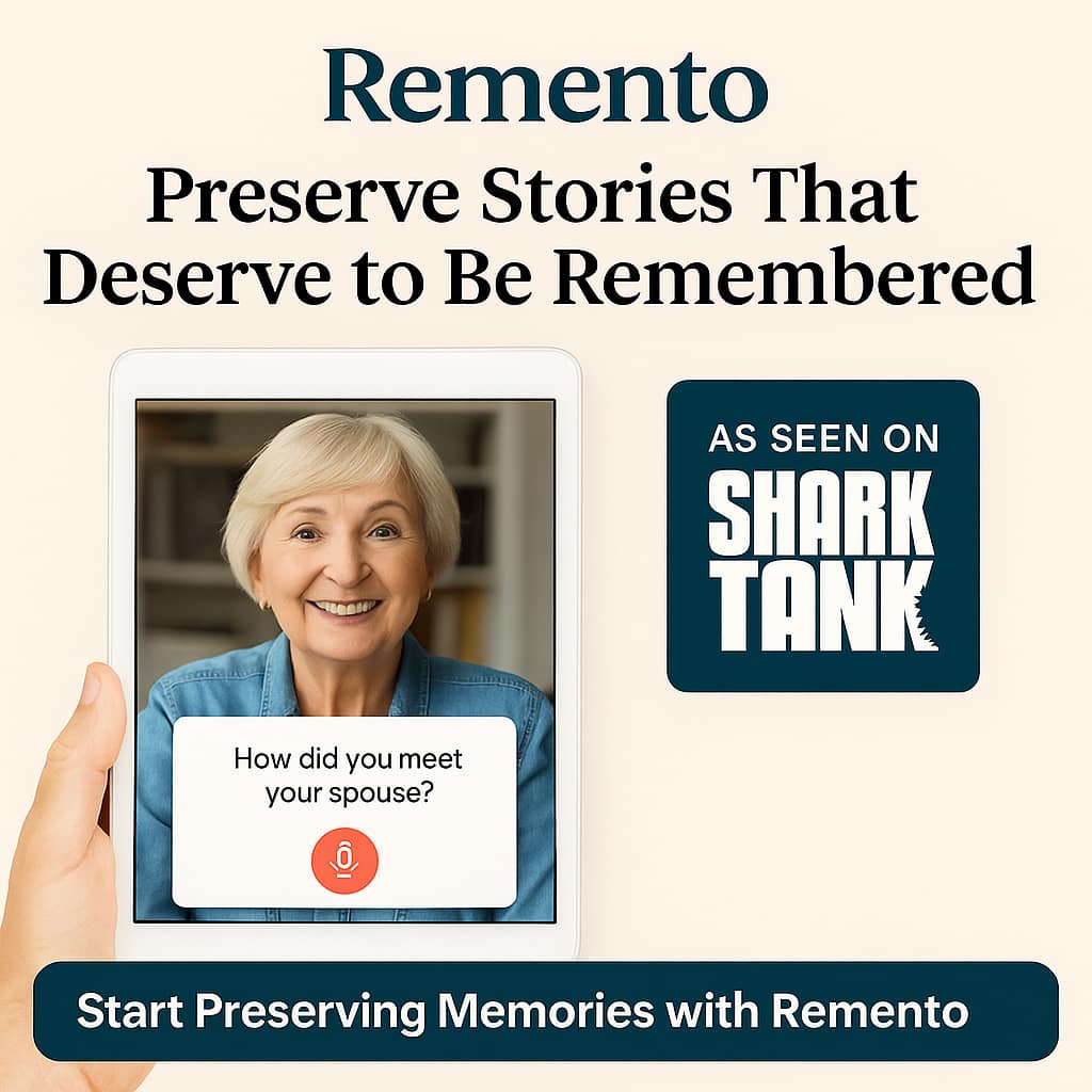 Elderly woman smiling while recording her story on the Remento app with text reading “Preserve Stories That Deserve to Be Remembered” and “As Seen on Shark Tank.”