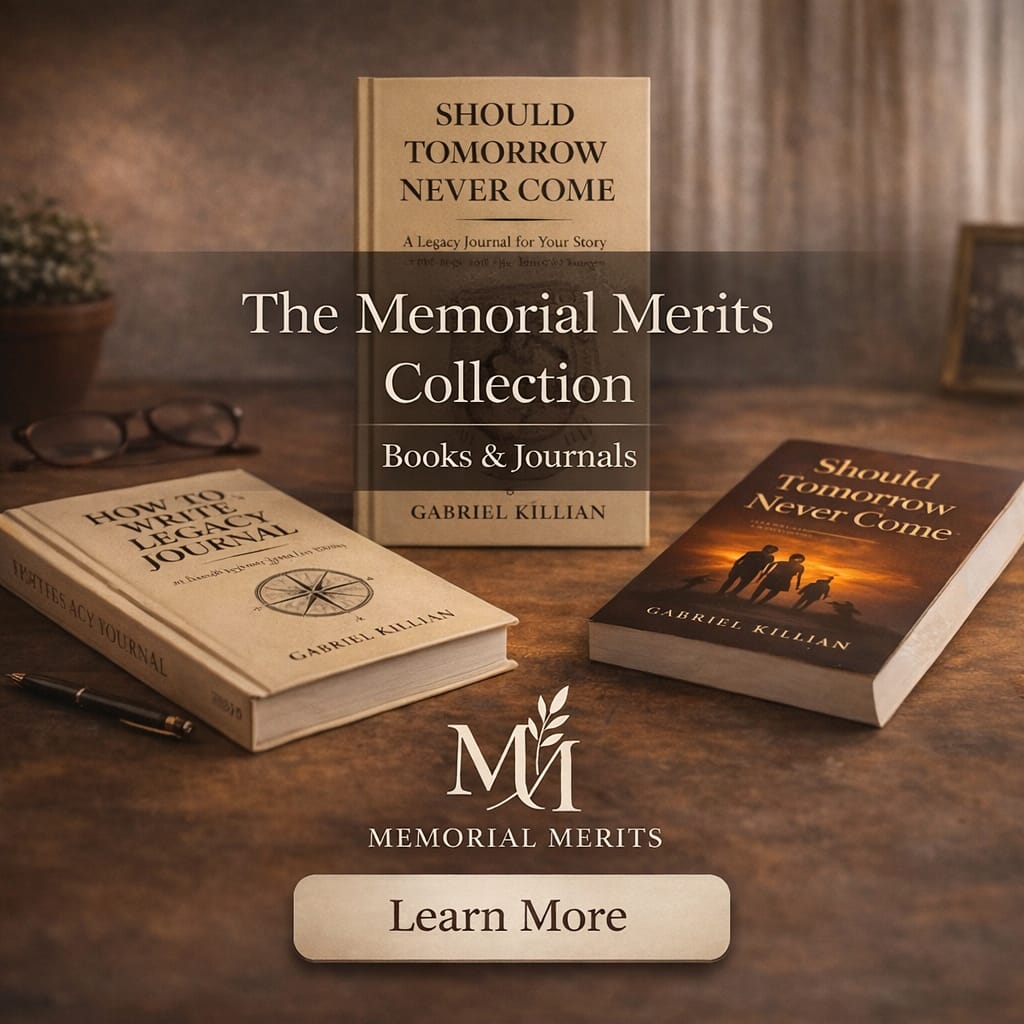 The Memorial Merits book collection featuring Should Tomorrow Never Come Legacy Edition hardcover, How to Legacy Journal guided memoir book, and Should Tomorrow Never Come paperback, a curated series of legacy journals and life story books by Gabriel Killian for preserving family history and end of life reflections