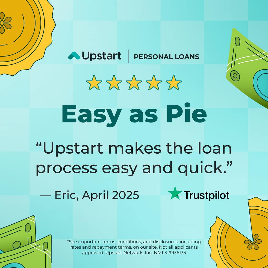 Upstart five-star Trustpilot customer review showing easy personal loan process for funeral, estate, and family financing from $1,000 to $75,000