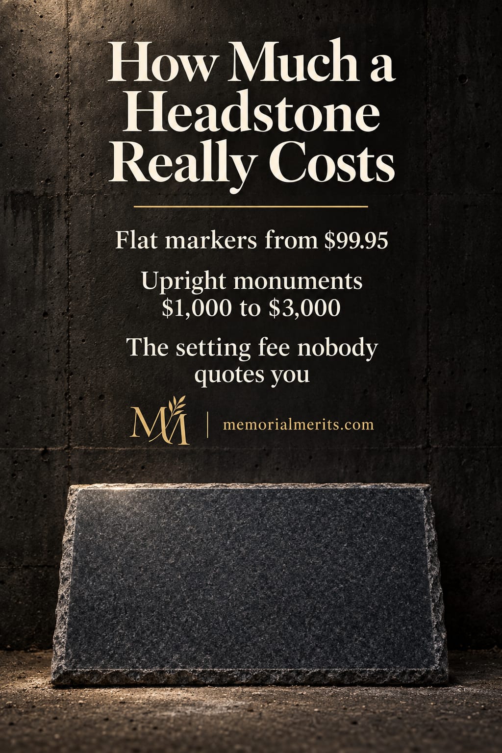 What a headstone costs by marker type, a blank granite grave marker leaning against a dark concrete wall