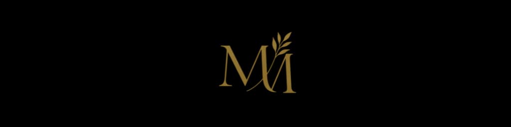 Gold Memorial Merits monogram logo with olive branch on black background.
