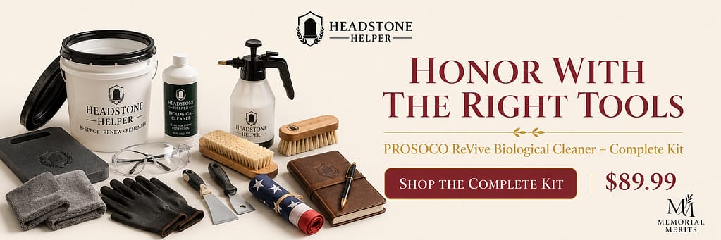 Headstone Helper Kit partner banner ad featuring the complete cleaning kit at $89.99 with PROSOCO ReVive biological cleaner
