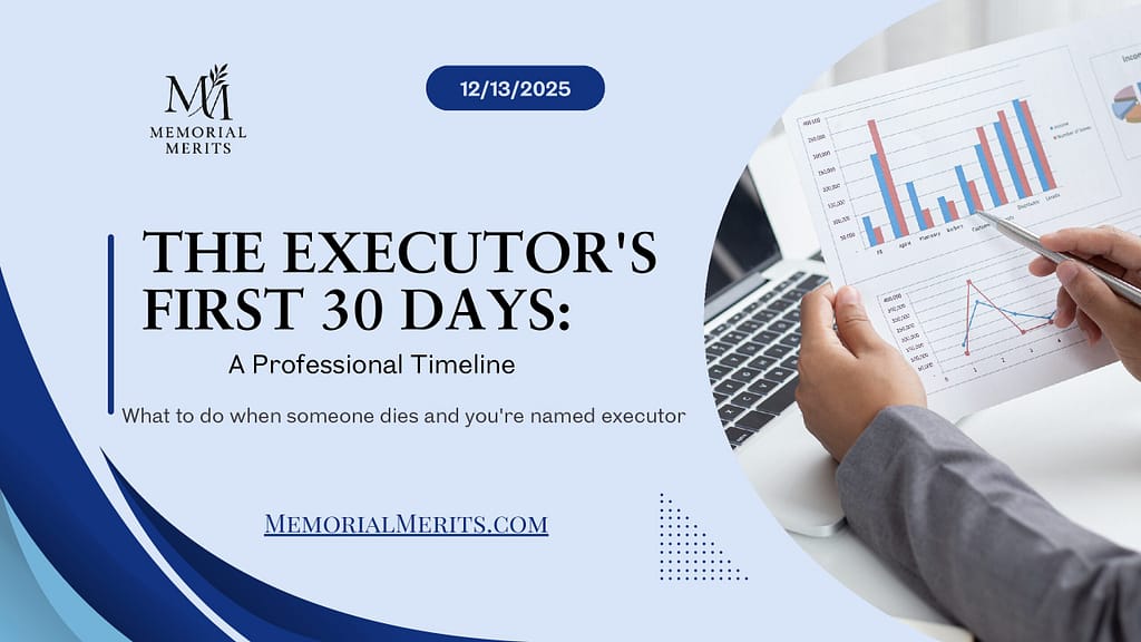First page preview of The Executor's First 30 Days Professional Timeline from Memorial Merits showing a day-by-day action plan for newly appointed executors