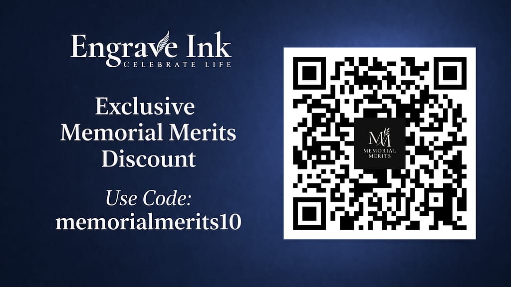 Engrave Ink Celebrate Life logo with exclusive Memorial Merits discount code memorialmerits10 and branded QR code on blue background