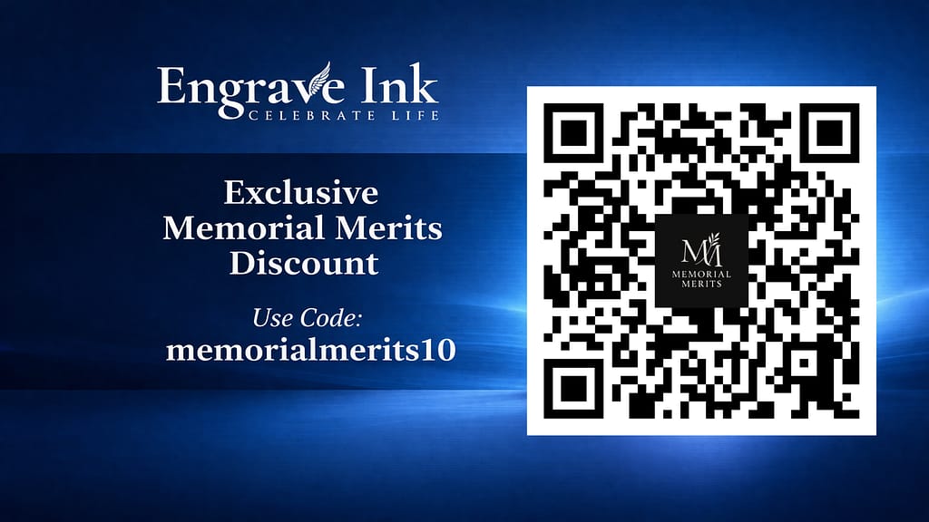 Engrave Ink partner graphic with Memorial Merits branded QR code and coupon code memorialmerits10 for cremation tattoo ink