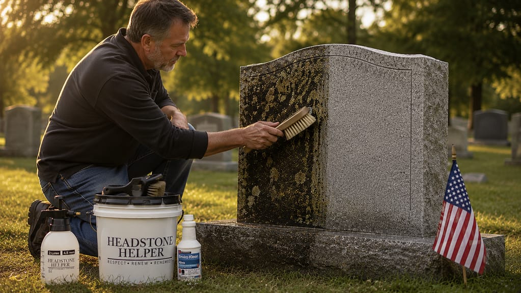 Adult hands gently applying PROSOCO ReVive biological cleaner with a soft brush to a granite family headstone, the Headstone Helper Kit open nearby in warm cemetery light