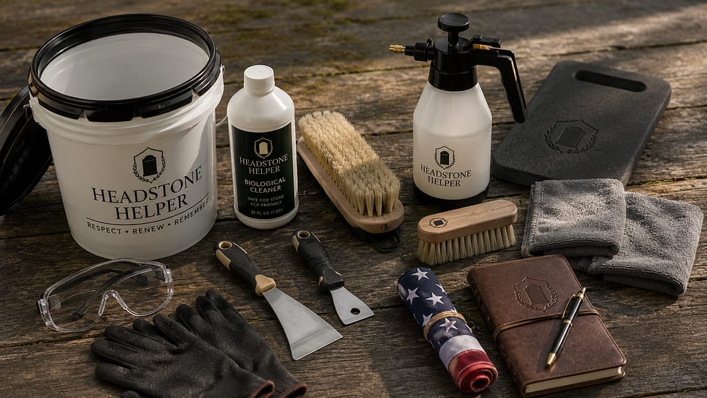 Complete Headstone Helper Kit contents laid out: bucket, PROSOCO ReVive biological cleaner, soft nylon brushes, sprayer, kneeling pad, gloves, flag, and cleaning journal arranged on weathered wood in soft daylight