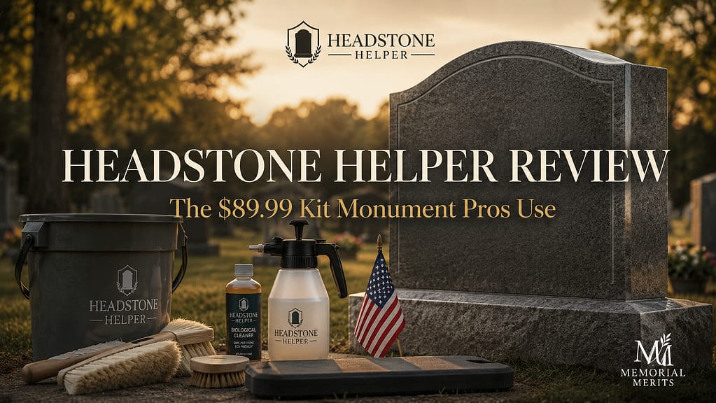 Memorial Merits review of the Headstone Helper Kit, complete cleaning bucket with PROSOCO ReVive biological cleaner displayed beside a clean granite family headstone in soft warm cemetery light