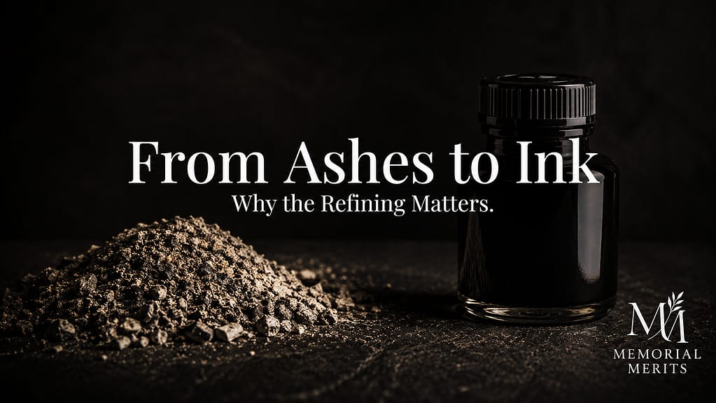 Raw Cremation Ash Versus Professionally Refined Tattoo Ink Coarse grey cremation ash beside a sealed bottle of professionally refined black tattoo ink on a dark surface