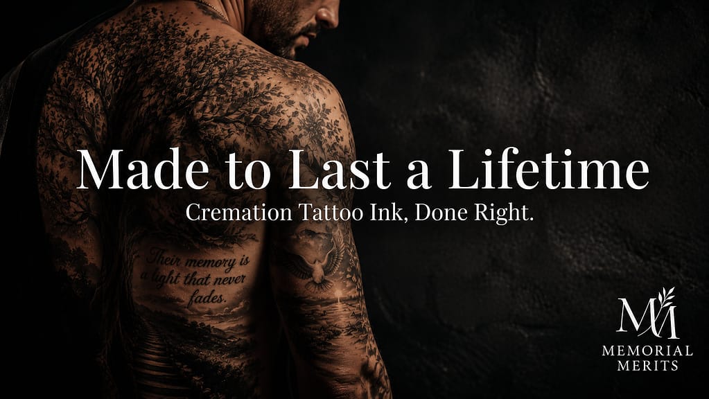 Finished Cremation Tattoo Ink Memorial Piece Elaborate black-and-grey memorial forearm tattoo made with cremation tattoo ink, lit in dramatic low light