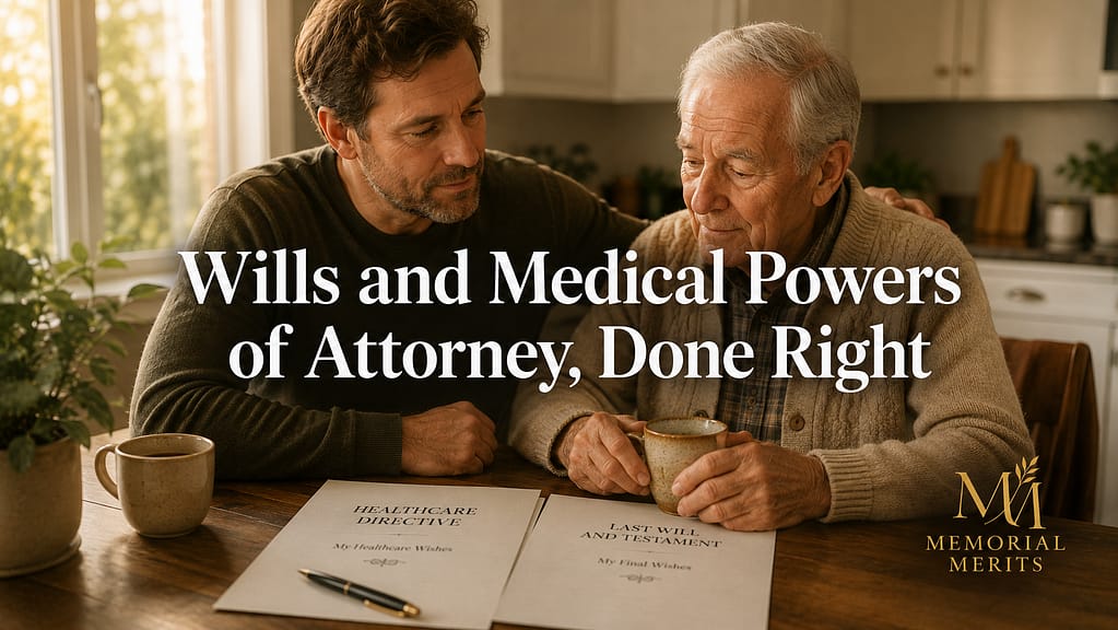 Adult child and aging parent reviewing a healthcare directive and last will together, estate documents available through Legal Templates
