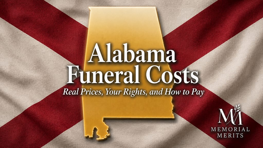 Alabama state outline in gold over the Alabama state flag with the title Alabama Funeral Costs and subtitle Real Prices, Your Rights, and How to Pay