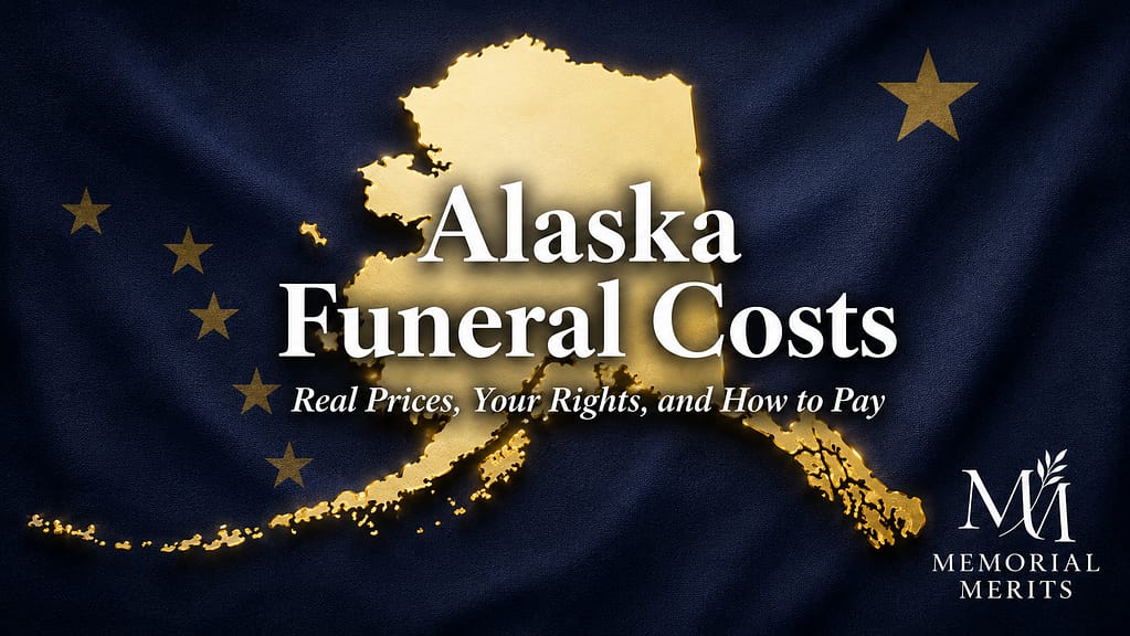 Alaska state outline in gold over the Alaska flag with the title Alaska Funeral Costs and the subtitle Real Prices, Your Rights, and How to Pay