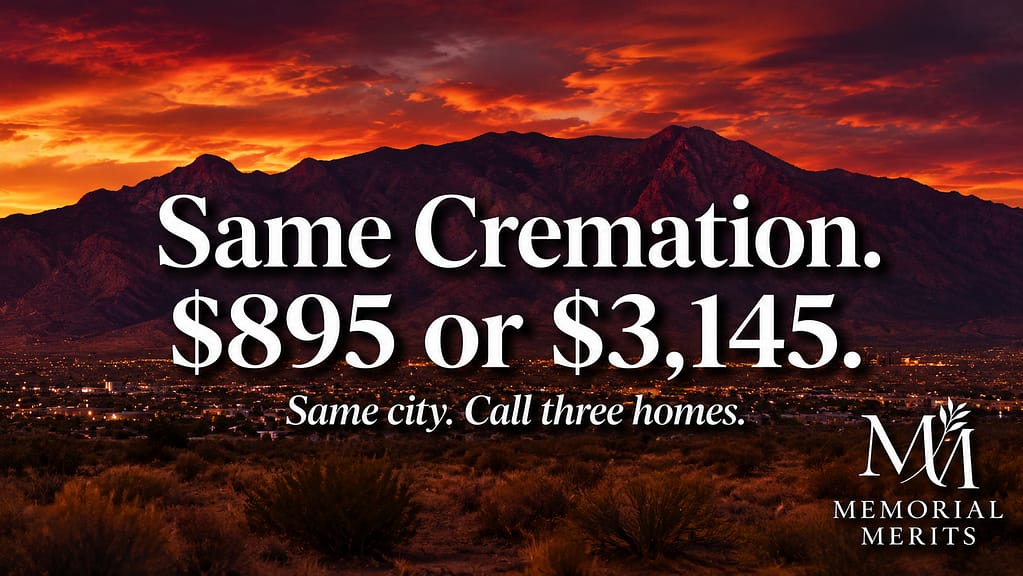 New Mexico desert at dusk with text reading Same Cremation 895 or 3145, the verified direct cremation price spread within Albuquerque