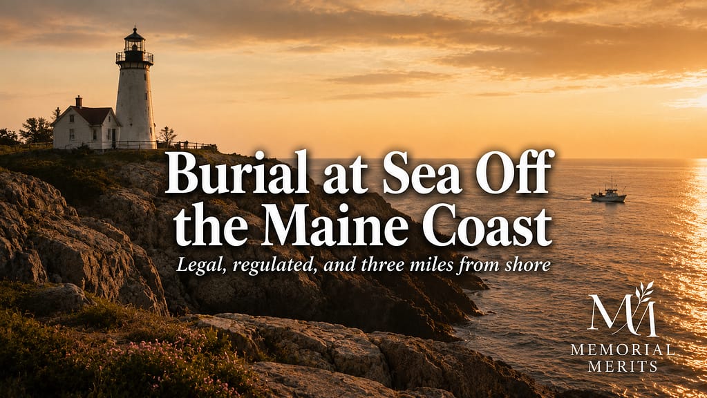 Maine lighthouse and coastline at golden hour illustrating the rules for burial at sea off the Maine coast