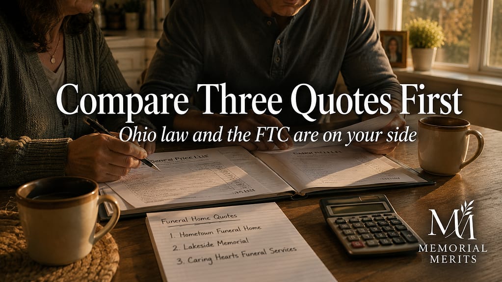 Two family members at a warm kitchen table comparing written price quotes from three Ohio funeral homes with a calculator and folder of paperwork in golden afternoon light