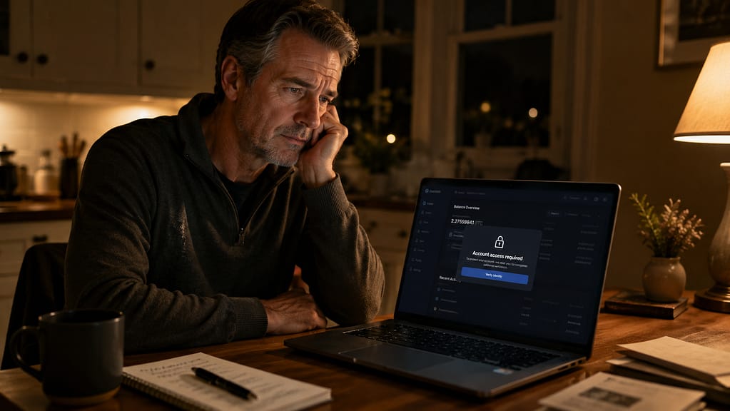 A person at a kitchen table at night looking at a laptop showing a locked crypto exchange account, illustrating how custodial accounts can shut families out