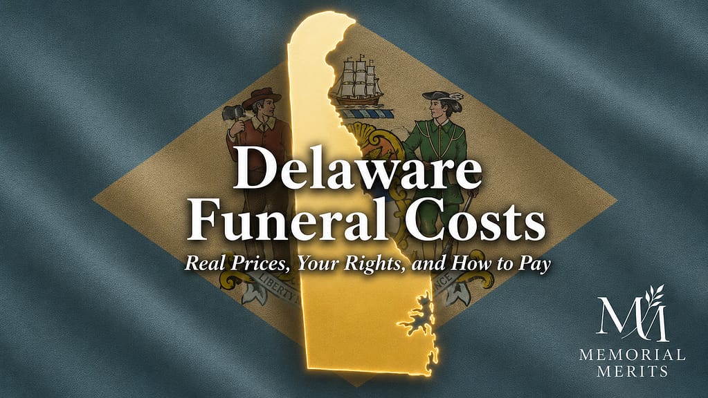 Gold Delaware state outline over the state flag with the title Delaware Funeral Costs, from the Memorial Merits verified funeral home directory