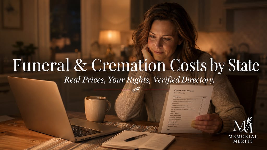 Woman at her kitchen table at night comparing 2026 funeral and cremation costs by state and reviewing her federal funeral rights on a laptop, warm lamplight.