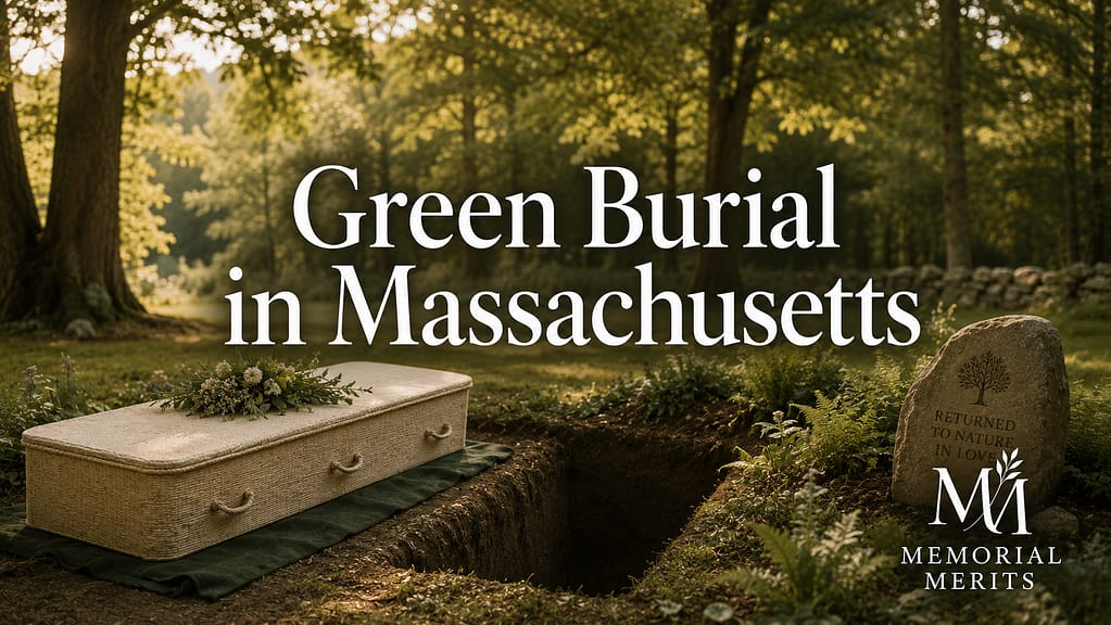 A biodegradable casket beside a natural grave in a wooded Massachusetts green burial cemetery in golden afternoon light