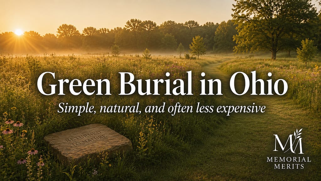 Conservation burial meadow in rural Ohio at golden hour with native prairie grass, wildflowers, a walking path, and a flat fieldstone marker in the grass