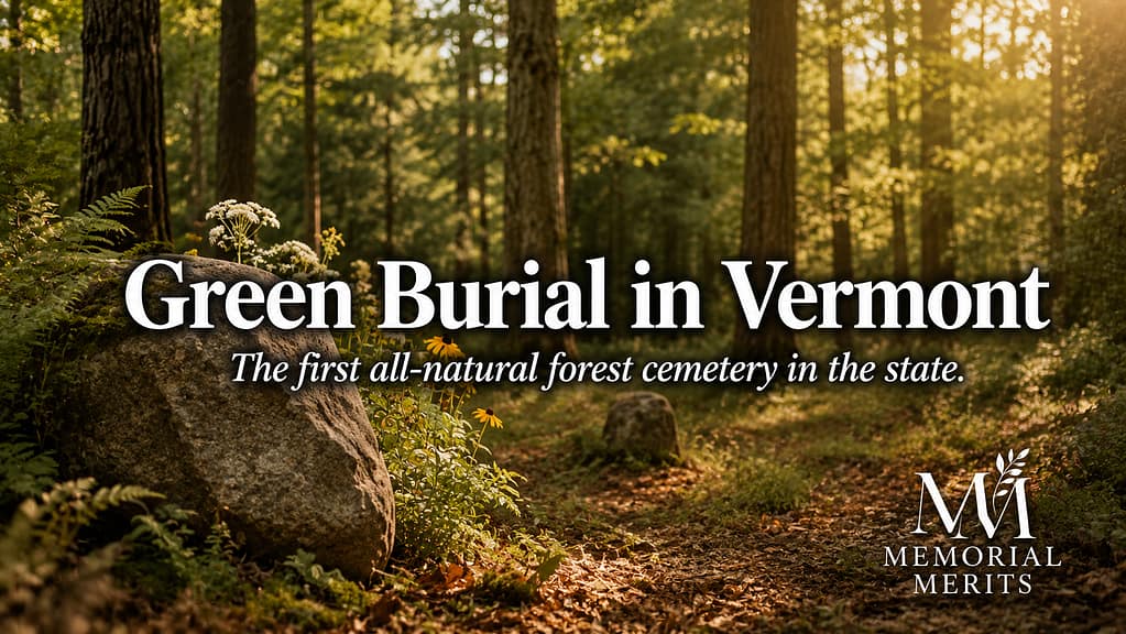 Sunlit Vermont conservation forest with ferns and a natural fieldstone marker representing green burial at an all-natural forest cemetery