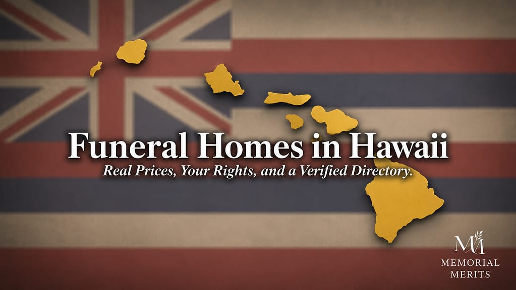 Gold silhouette of the Hawaiian islands over a muted Hawaii state flag background, with the white title Funeral Homes in Hawaii, the subtitle Real Prices, Your Rights, and a Verified Directory, and the Memorial Merits wordmark.