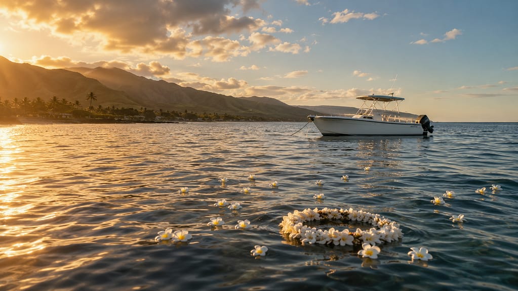Plumeria blossoms and a flower lei drifting on the Pacific near a small charter boat off a Hawaiian coastline at golden hour, for scattering ashes at sea.