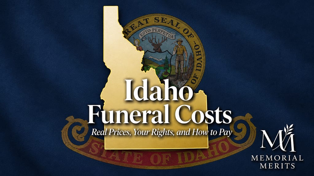 Gold outline of Idaho over the state flag with the title Idaho Funeral Costs and the subtitle Real Prices, Your Rights, and How to Pay