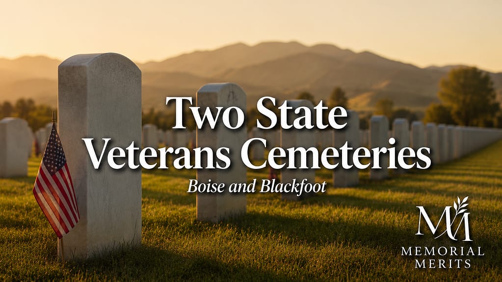 White military headstones at golden hour in an Idaho veterans cemetery with overlay text reading Two State Veterans Cemeteries, Boise and Blackfoot