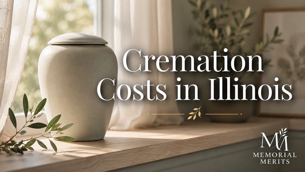 A simple pale ceramic cremation urn on a sunlit windowsill beside a green sprig, with the title Cremation Costs in Illinois.