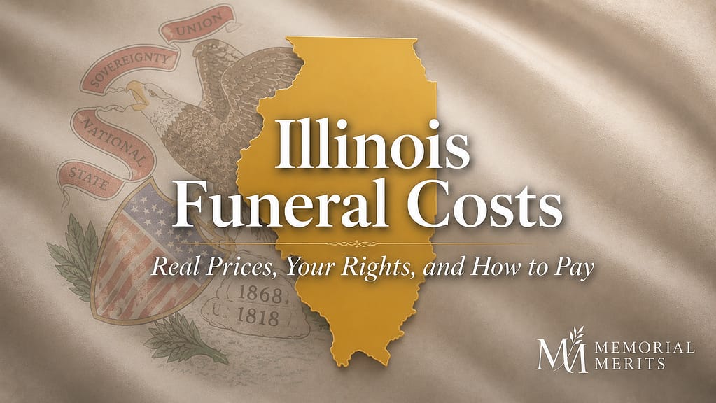 Gold silhouette of Illinois over a softly muted Illinois state flag background, with the title Illinois Funeral Costs and the line Real Prices, Your Rights, and How to Pay, and a Memorial Merits wordmark in the lower-right corner.