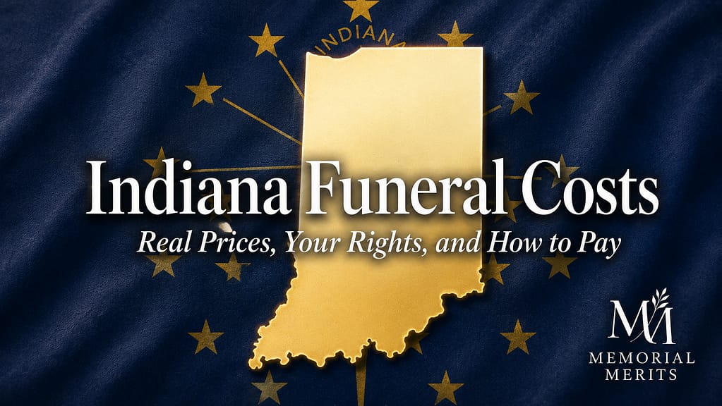 Indiana state outline in gold over the Indiana flag with the title Indiana Funeral Costs and the subtitle Real Prices, Your Rights, and How to Pay