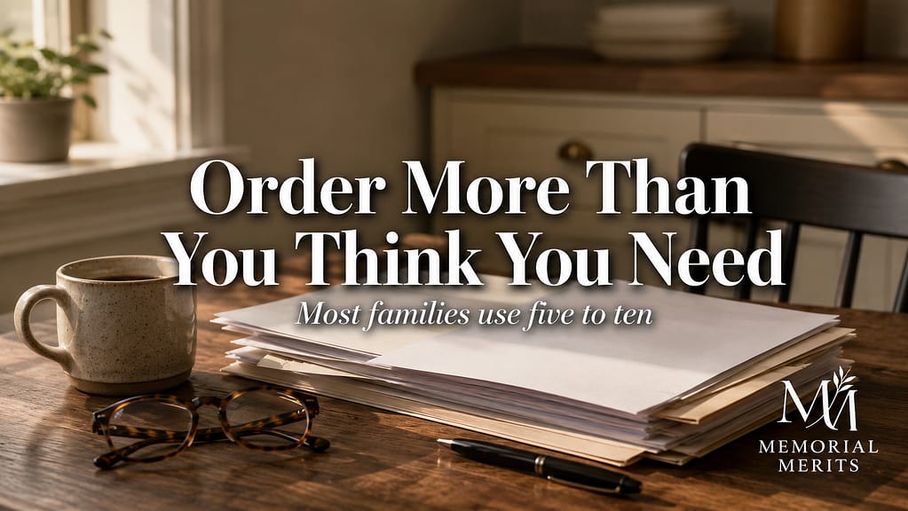 Documents and a pen on a kitchen table with the words order more than you think you need, Iowa death certificate copies