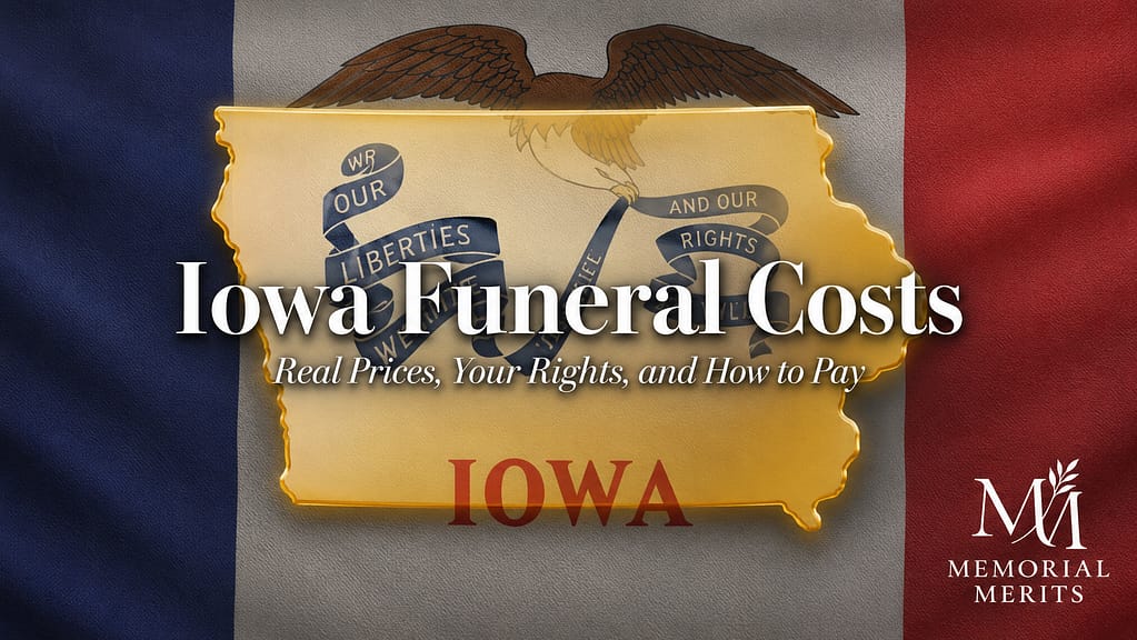 Iowa state outline in gold over the Iowa flag with the title Iowa Funeral Costs, real prices, your rights, and how to pay