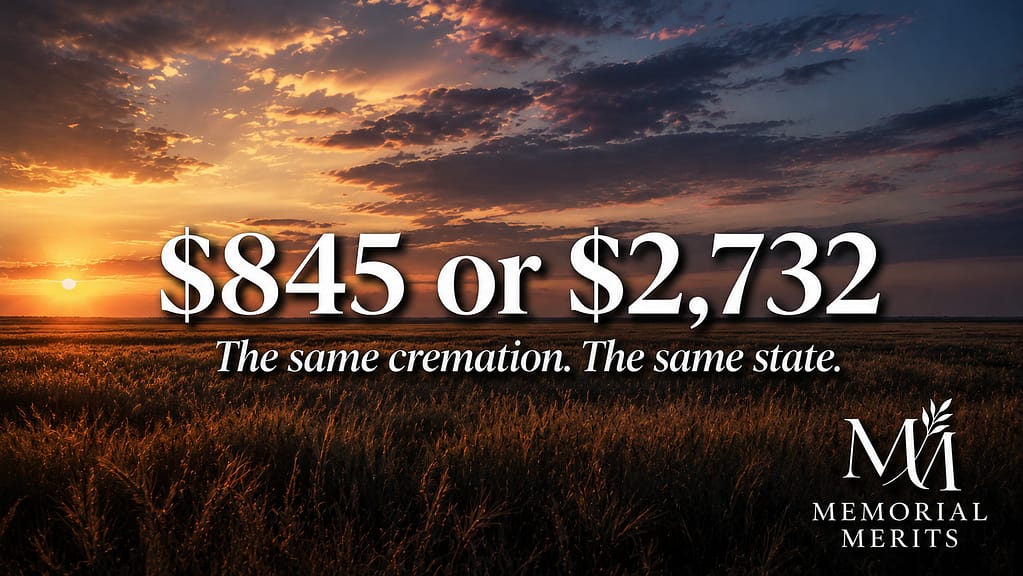 Kansas prairie at dusk with the text 845 dollars or 2732 dollars, the same cremation in the same state