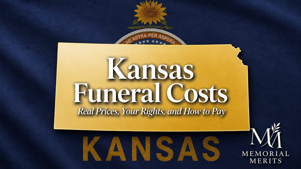 Gold outline of Kansas over the state flag with the title Kansas Funeral Costs and the subtitle Real Prices, Your Rights, and How to Pay