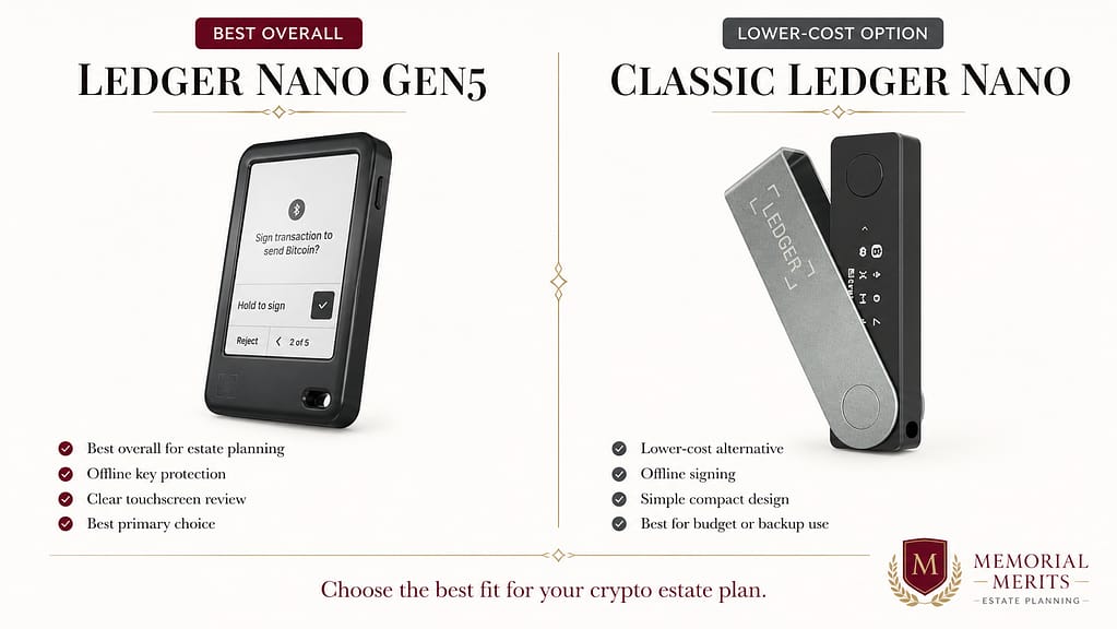 Comparison of Ledger Nano Gen5 and Classic Ledger Nano hardware wallets for crypto estate planning