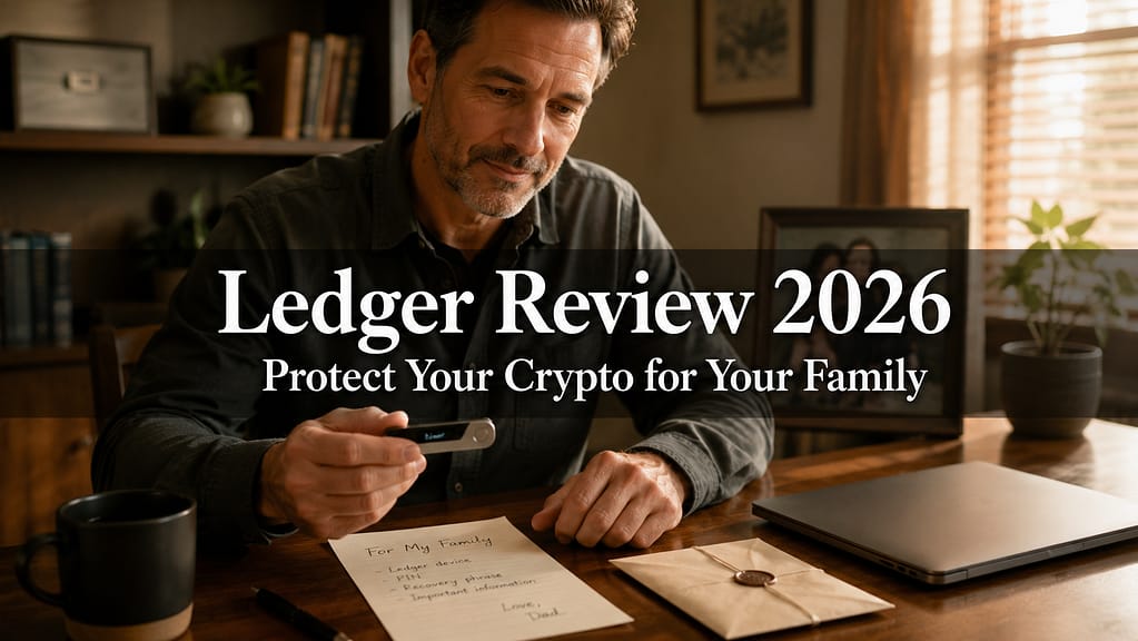 A calm man at a home desk holding a hardware wallet beside a handwritten note and a sealed envelope, family photo blurred behind him, showing crypto cold storage and inheritance planning