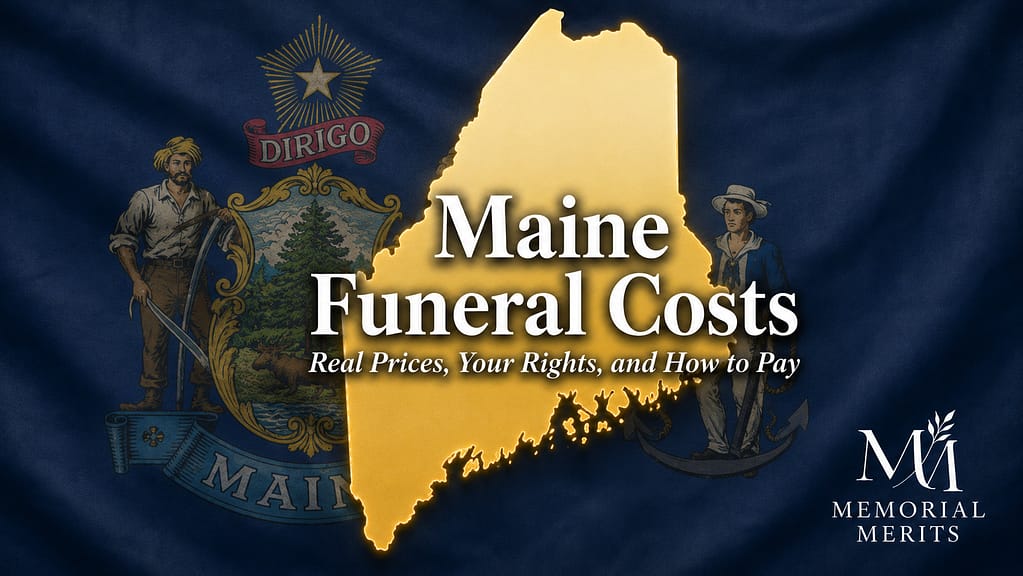 Gold outline of Maine over the state flag with the title Maine Funeral Costs and the subtitle Real Prices, Your Rights, and How to Pay