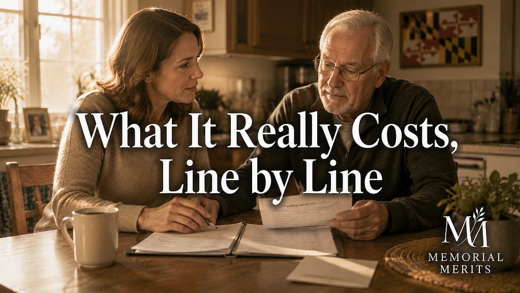 Adult daughter and her elderly father reviewing funeral cost papers together at a kitchen table in warm afternoon light