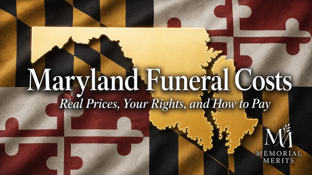 Gold outline of Maryland over the state flag with the title Maryland Funeral Costs and subtitle Real Prices, Your Rights, and How to Pay