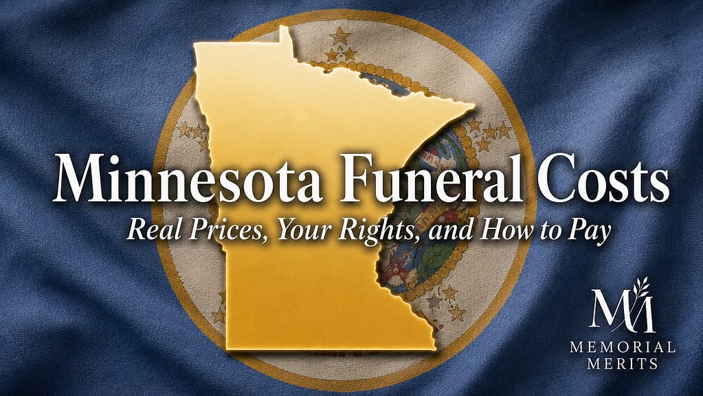 Minnesota state outline in gold over the state flag with the title Minnesota Funeral Costs, Real Prices Your Rights and How to Pay