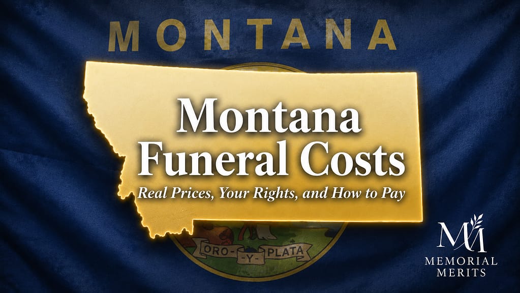 Gold Montana state outline over the desaturated Montana state flag with the title Montana Funeral Costs and the subtitle Real Prices, Your Rights, and How to Pay in white Playfair Display serif